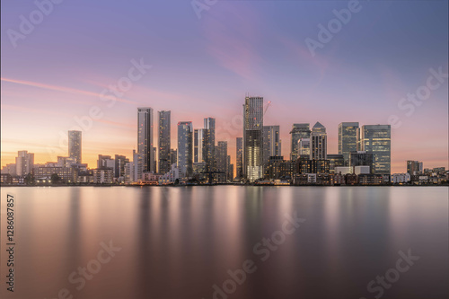 Canary Wharf at sunset shot from the Greenwich Peninsula