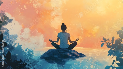 Tranquil Sunset Meditation Illustration