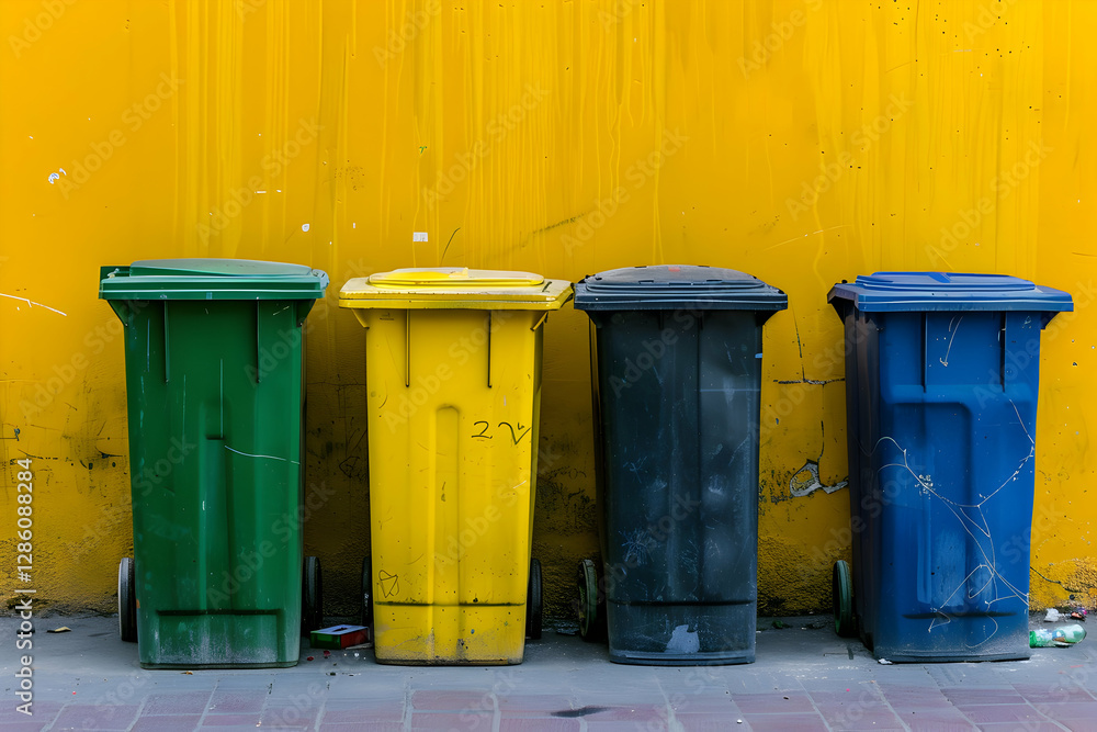Colorful waste bins lined against a vibrant yellow wall, showcasing urban recycling efforts Colorful waste bins lined against a vibrant yellow wall, showcasing urban recycling efforts