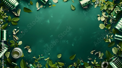 A vibrant green background framed with leaves and cans, symbolizing recycling and sustainability efforts