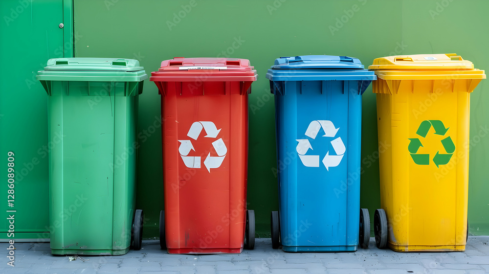Colorful recycling bins arranged in a row against a green wall, promoting environmental awareness Colorful recycling bins arranged in a row against a green wall, promoting environmental awareness