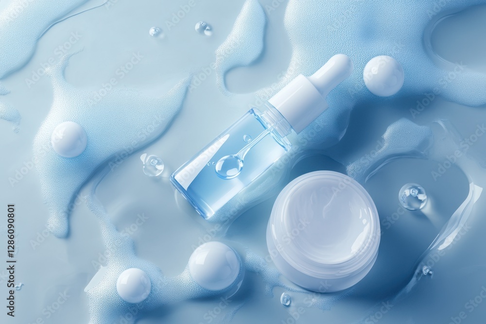 Captivating arrangement of skincare products on a textured blue surface capturing freshness and hydration essence. Generative AI Captivating arrangement of skincare products on a textured blue surface capturing freshness and hydration essence. Generative AI