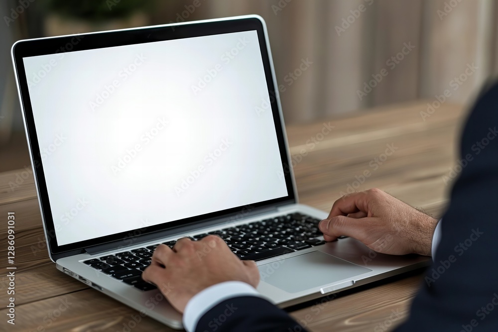 Professional Utilizing Laptop Computer With Empty Screen Positioned on Wooden Desktop Professional Utilizing Laptop Computer With Empty Screen Positioned on Wooden Desktop