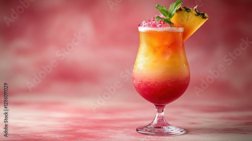 Colorful layered tropical cocktail on a pink background photo