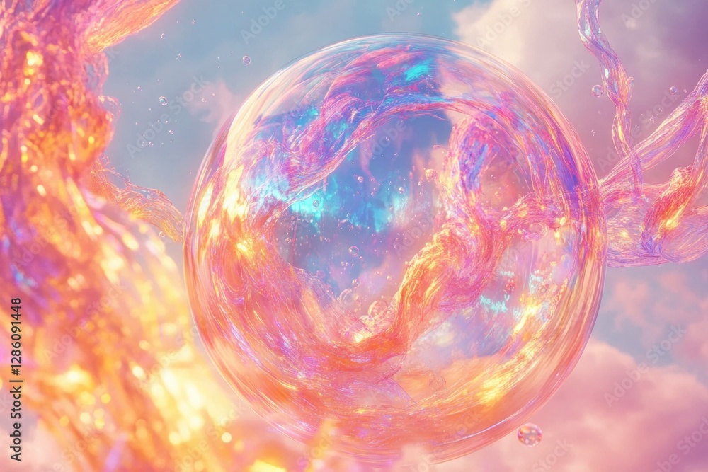 Dreamy pastel bubble floating in a colorful abstract background, creating a whimsical and magical atmosphere with vibrant hues and gentle reflections