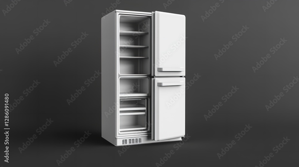An empty white refrigerator stands against a dark gray background, showcasing its clean lines and spacious interior, ready for a fresh start. An empty white refrigerator stands against a dark gray background, showcasing its clean lines and spacious interior, ready for a fresh start.
