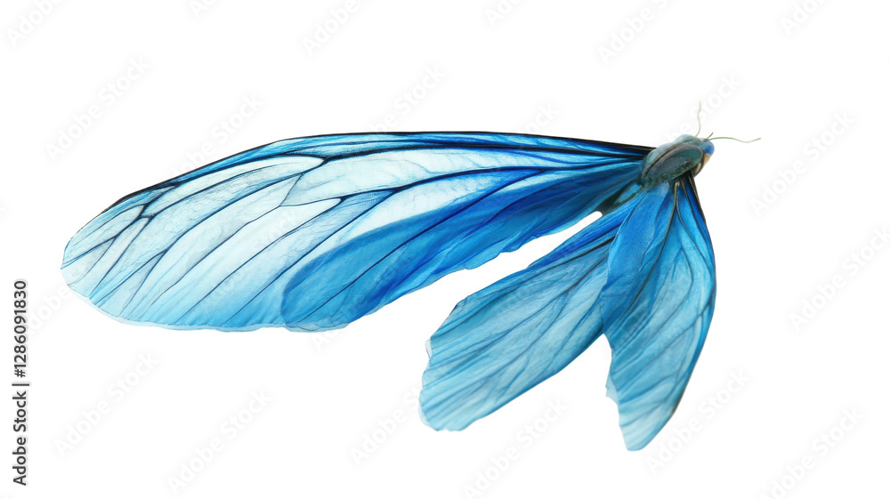 Vibrant blue butterfly wing with intricate patterns and delicate textures captured against a white background