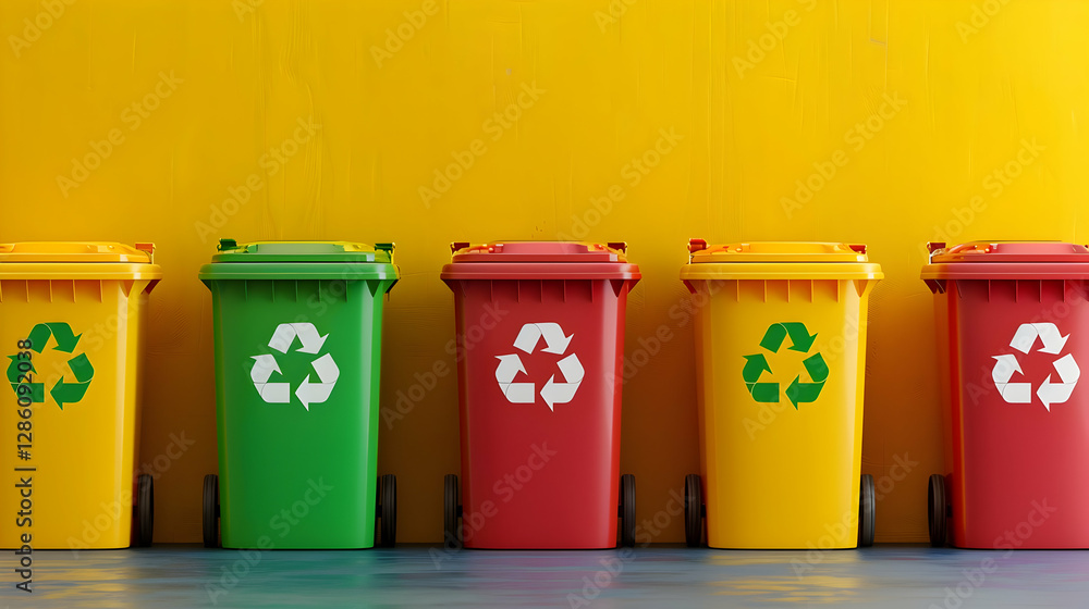 Colorful recycling bins lined against a vibrant yellow wall, promoting waste segregation and sustainability Colorful recycling bins lined against a vibrant yellow wall, promoting waste segregation and sustainability