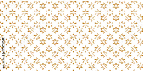 Golden vector floral seamless pattern. Abstract luxury geometric ornamental texture with small flower silhouettes. Gold and white simple ornament in oriental style.	
