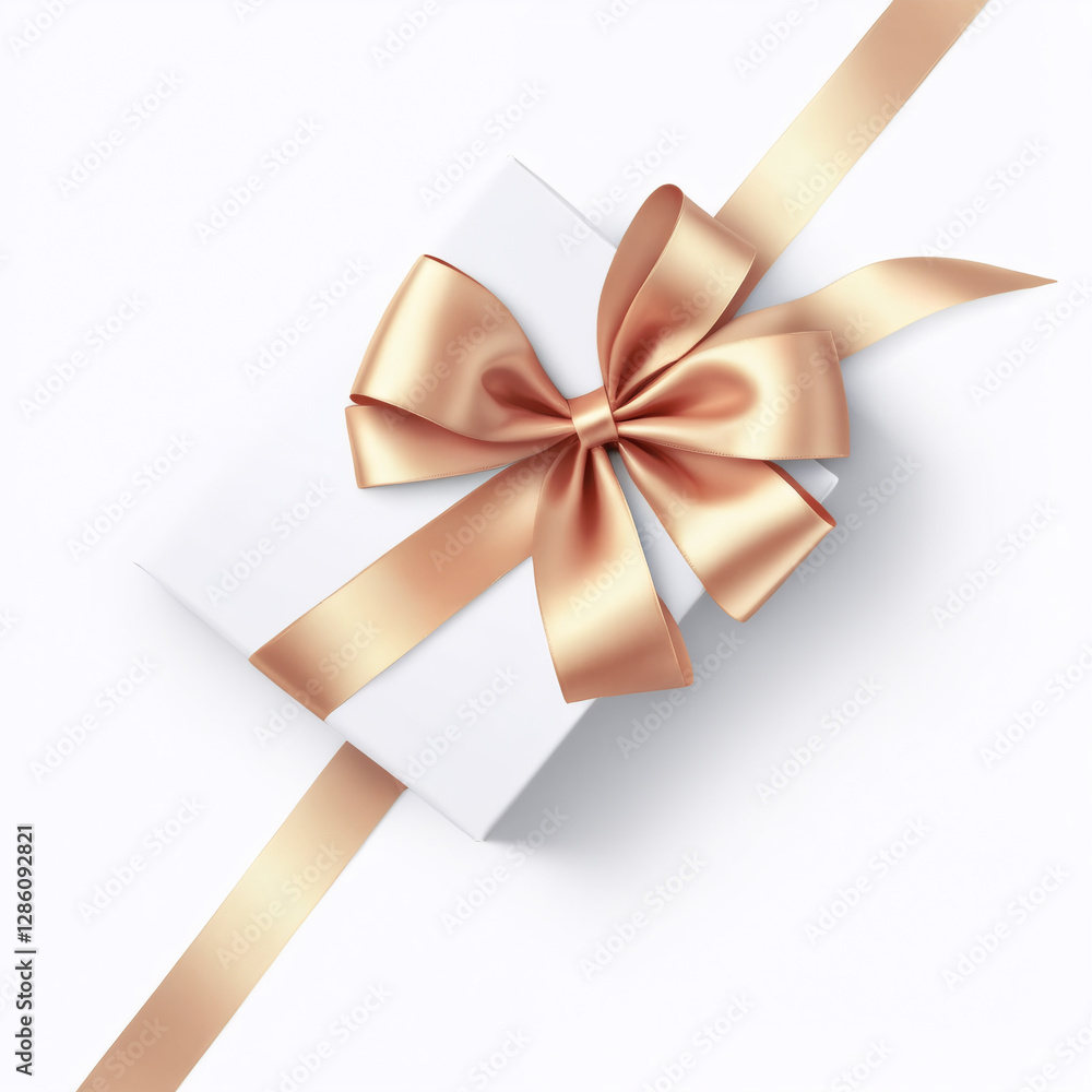 Fototapeta premium Satin or silk rose gold ribbon with bow, gift packaging decoration element isolated on white background. Simple minimalistic design