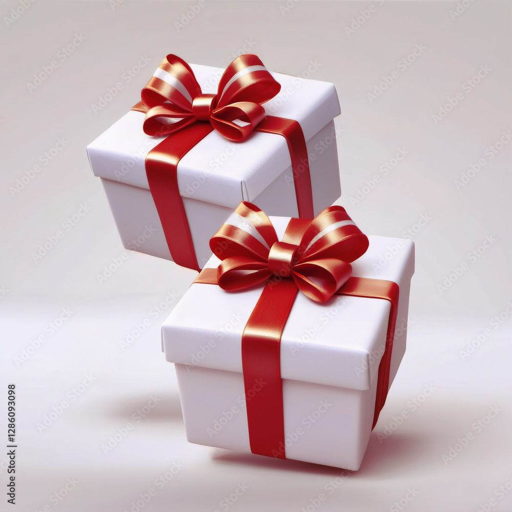 Fototapeta premium Satin or silk red ribbon with a bow on a gift box, decoration element. Gift isolated on white background. Simple minimalistic design