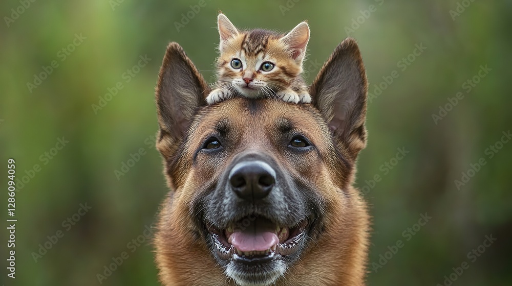 Playful mixed breed dog with kitten on head, showcasing heartwarming animal friendship. Playful mixed breed dog with kitten on head, showcasing heartwarming animal friendship.