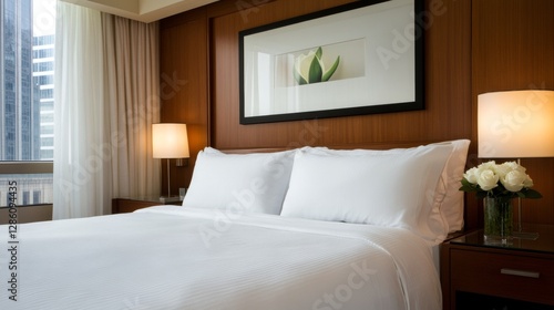 Luxurious hotel bedroom with city view