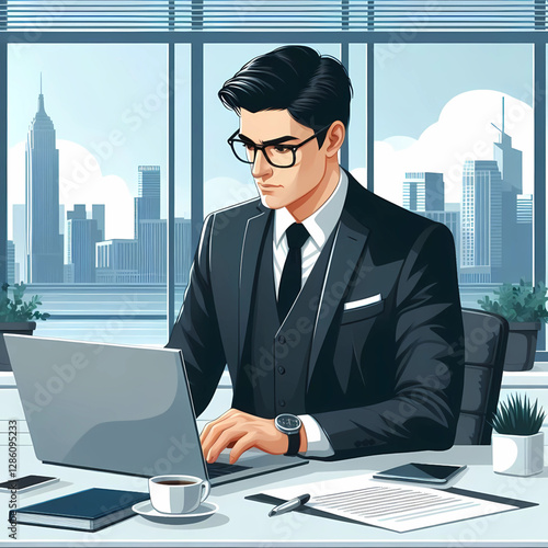 vector illustration of businessman working on laptop in office room
