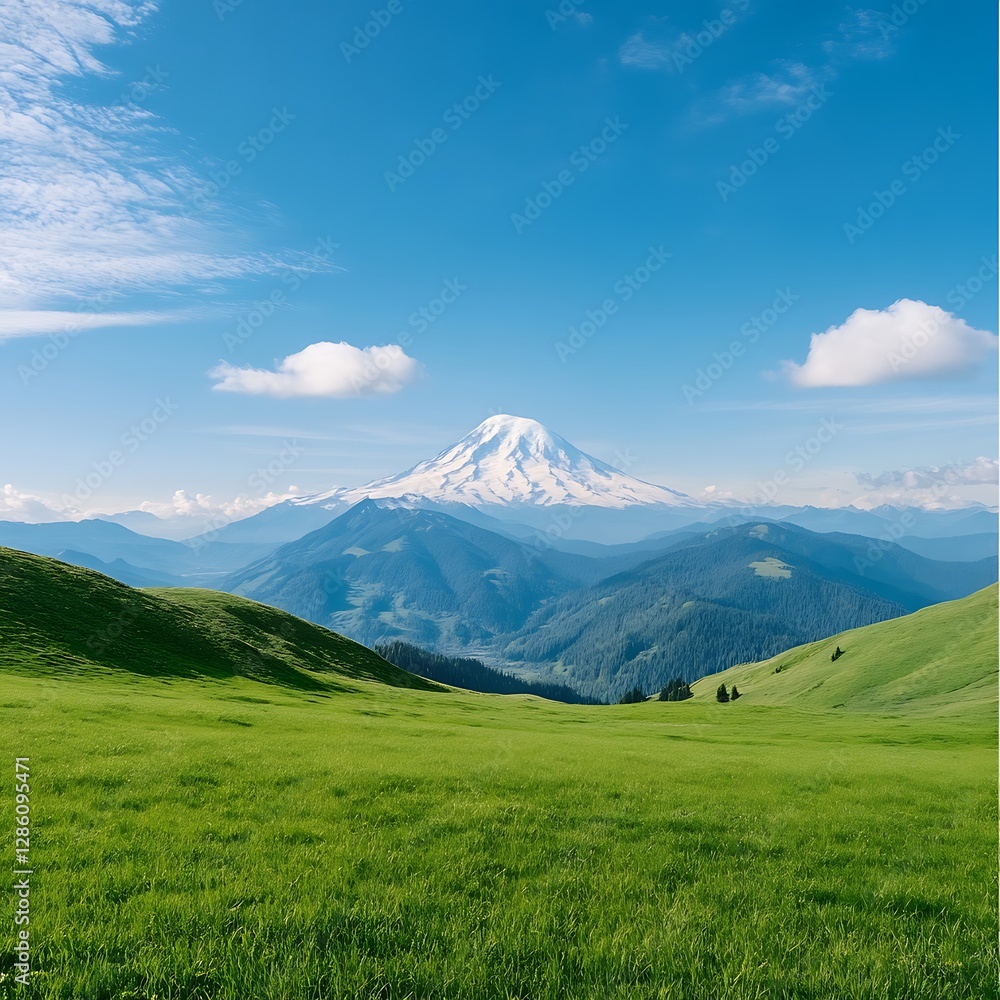 Breathtaking Landscape with Snow-Capped Mountain and Lush Green Hills under Clear Blue Sky Breathtaking Landscape with Snow-Capped Mountain and Lush Green Hills under Clear Blue Sky