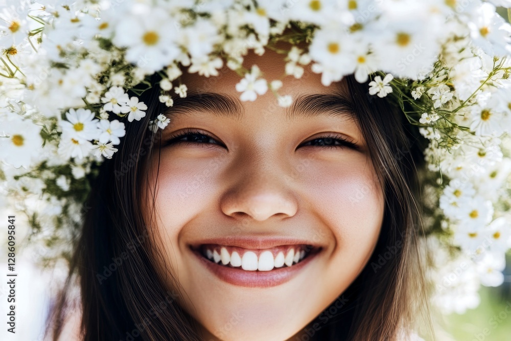 Naklejka premium Happy asian teenager girl wearing white flower crown on her head. Sunny daylight. Happy sunny days symbol. Little adventurer in a floral wonderland. Girl enjoying summer holidays.