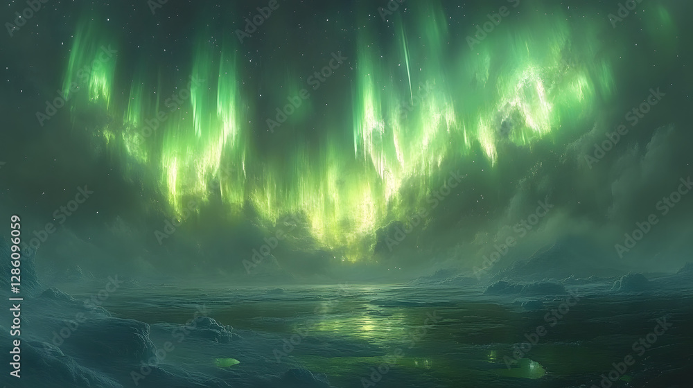 Dancing Lights of the Aurora: Witness the mesmerizing dance of the aurora borealis, its vibrant green hues illuminating the night sky and casting an ethereal glow over a serene, icy landscape. Dancing Lights of the Aurora: Witness the mesmerizing dance of the aurora borealis, its vibrant green hues illuminating the night sky and casting an ethereal glow over a serene, icy landscape.