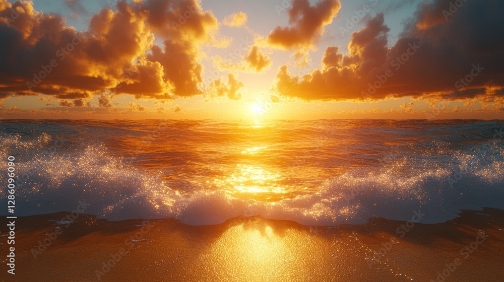 Fototapeta premium Golden sunset over ocean waves crashing on shore
