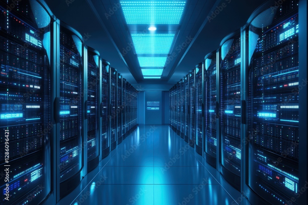 Exploring the depths of a modern data center illuminated by vibrant blue lights and filled with powerful servers. Generative AI Exploring the depths of a modern data center illuminated by vibrant blue lights and filled with powerful servers. Generative AI