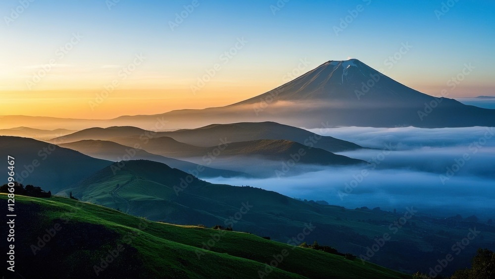 Mountain with multi layer foggy hills Mountain with multi layer foggy hills