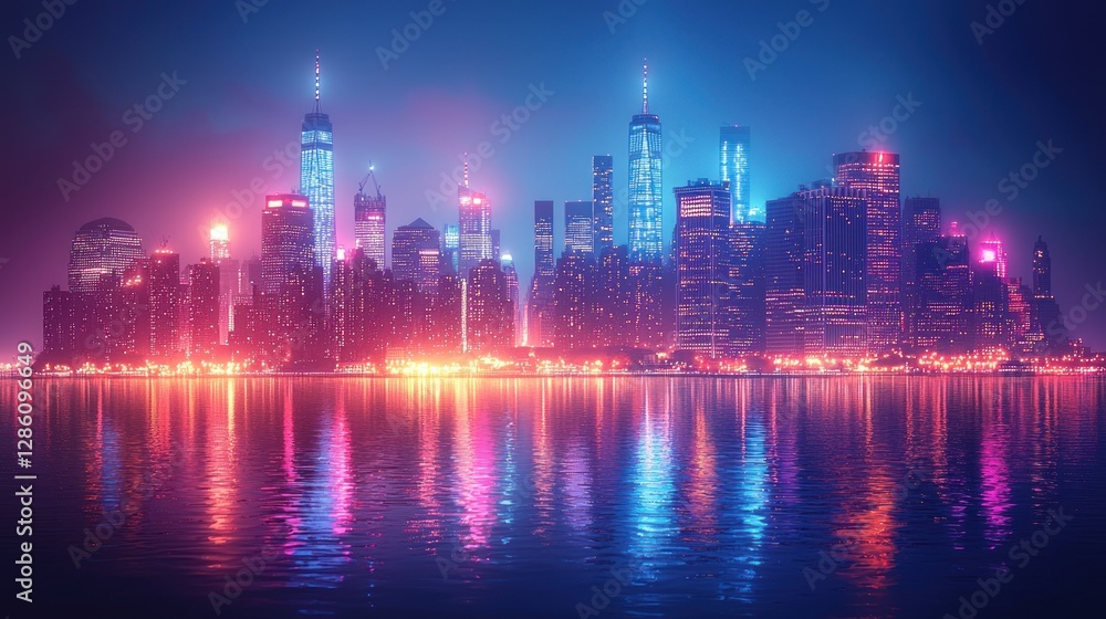 Neon Lit Cityscape Reflecting on Calm Water at Night Neon Lit Cityscape Reflecting on Calm Water at Night