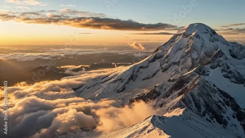 Majestic 4K Drone Shot of Snow-Covered Mountain Peak at Sunrise