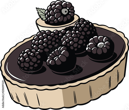 Berry chocolate tart icon in vector design, featuring a dessert with blackberries, cherries, and strawberries, perfect for food and pastry-themed illustrations