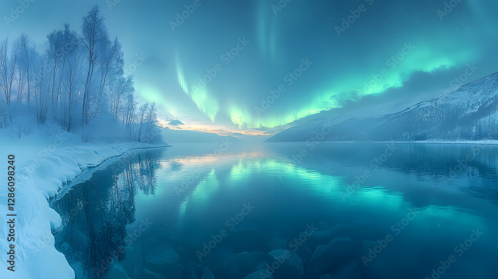 Fototapeta premium Northern Lights Reflections: The enchanting dance of the aurora borealis paints the night sky, its ethereal hues mirrored in the tranquil waters of a serene lake framed by snow-covered peaks.