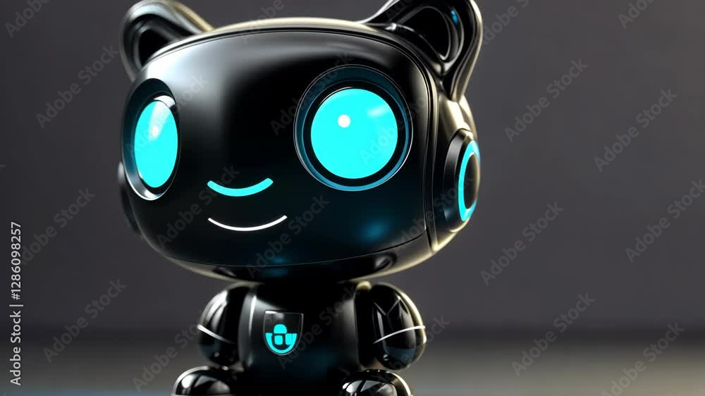 Cute black robot cat character with glowing blue eyes stands against a dark background in a modern setting Cute black robot cat character with glowing blue eyes stands against a dark background in a modern setting