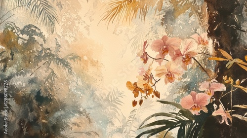 Orchid Paradise: An evocative painting of a delicate orchid arrangement with palm leaves, capturing the soft play of light and shadow and creating a serene atmosphere.