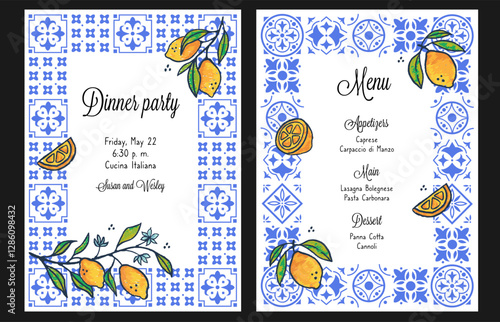 Temple with italian tile frame and lemon fruit. Posters with geometric mosaic. Flier for invitations, menus design