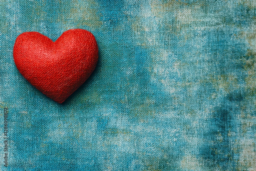 Red Heart Shape on Textured Blue Background with Rustic Feel Red Heart Shape on Textured Blue Background with Rustic Feel
