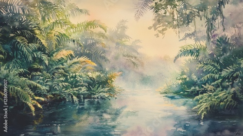 Mystical Jungle River: A serene river winds through a vibrant jungle, bordered by lush vegetation and enveloped in a soft, ethereal mist, creating a scene of tranquility.