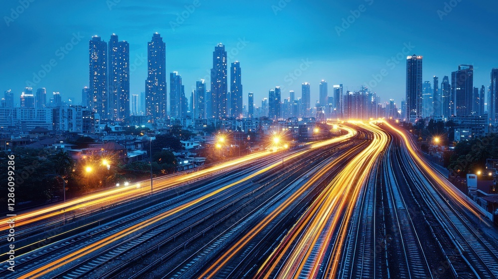 Obraz premium Cityscape Night Lights Trails Over Train Tracks