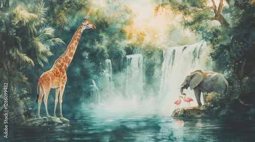 An Enchanted Oasis: A captivating artwork showcasing a giraffe and an elephant, along with a waterfall, create a vivid scene of paradise.