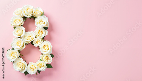 Floral arrangement of white roses shaped like the number eight