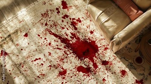 Blood Stains on a Cream Colored Rug Near Furniture