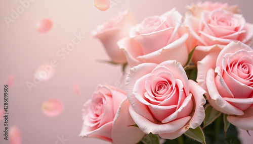 Pink roses with petals falling softly in the background
