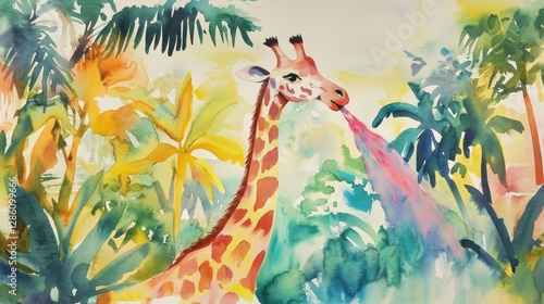Giraffe's Colorful Breath in Lush Jungle: A whimsical watercolor illustration depicts a giraffe exhaling a vibrant, rainbow-colored breath amidst a tropical jungle setting.