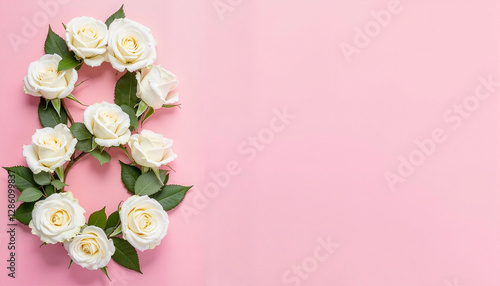 White roses arranged in the shape of the number eight on pink background