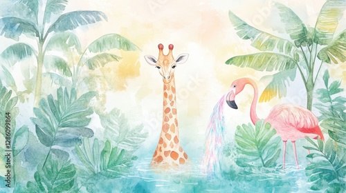 Tropical Dreamscape: An illustration showcases a whimsical scene featuring a giraffe and flamingo, set within a lush tropical environment with vibrant watercolor effects.