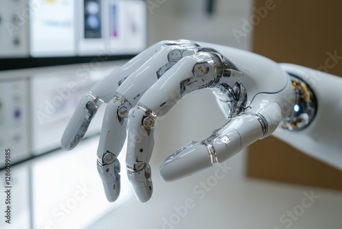 Exploring the intricate design and functionality of a robotic hand on display within a modern technology exhibit. Generative AI