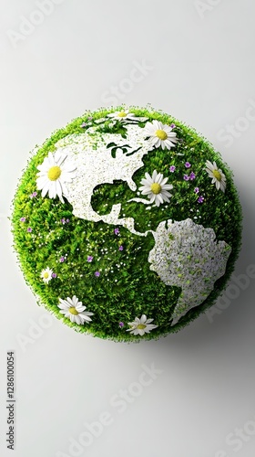 A miniature Earth, covered in lush green plants and flowers, a reminder of nature's beauty. Take care of our earth. photo