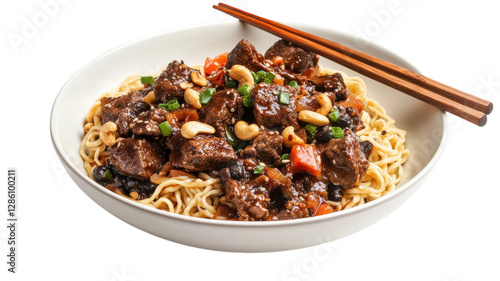 Hearty bowl of beef stir-fry with noodles and peanuts served with chopsticks on a white background