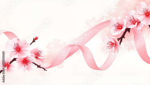 Cherry blossoms with pink ribbon on light background