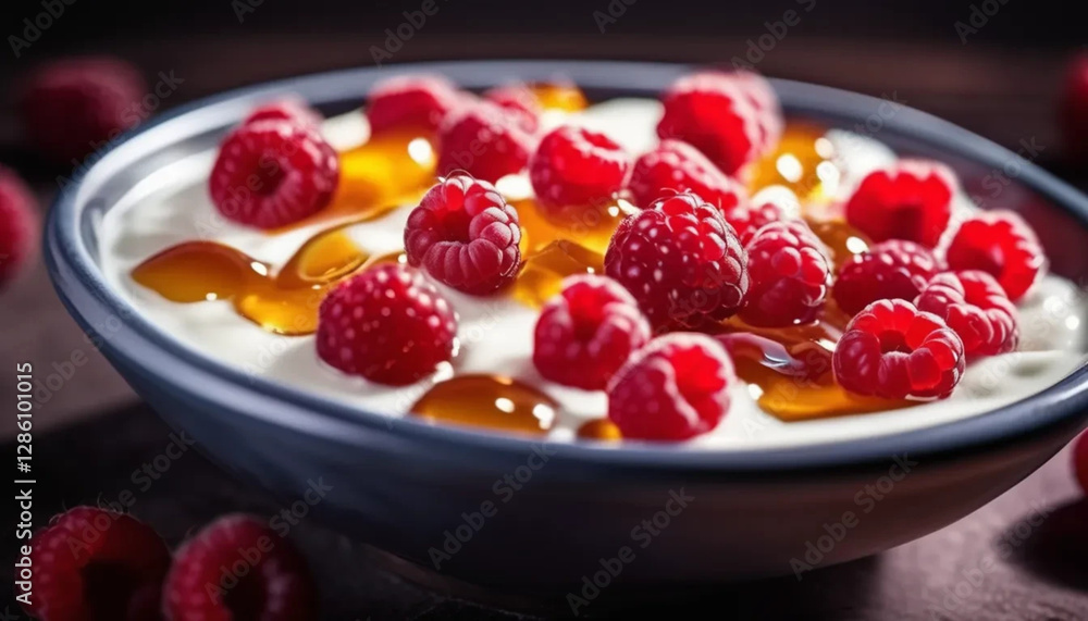 Raspberries with jogurt and honey. Close up. Raspberries with jogurt and honey. Close up.