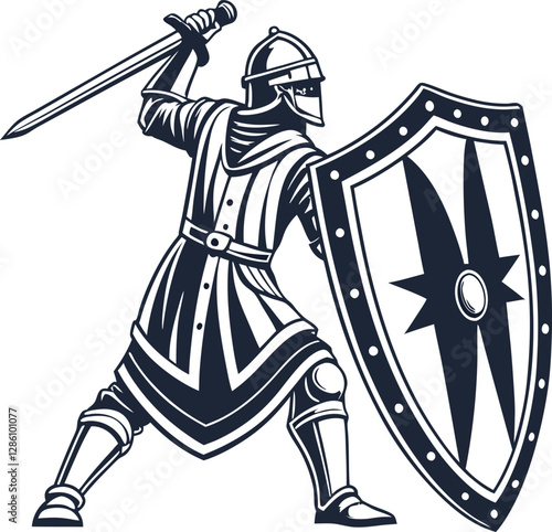 Warrior with sword and shield icon in vector design, ideal for battle, medieval, and historical-themed illustrations