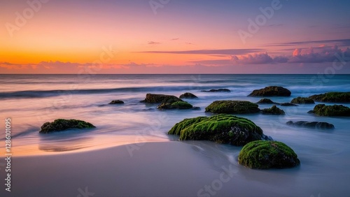 Sunset white sand beach with rock foreground
