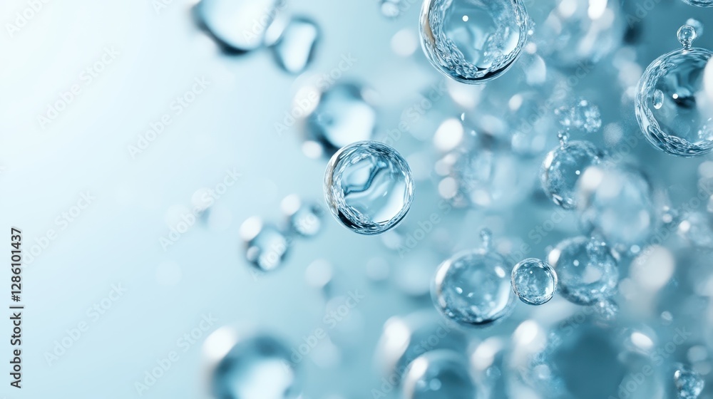 The image showcases numerous translucent water bubbles floating against a soft blue backdrop, symbolizing purity, tranquility, and the fluidity of nature. The image showcases numerous translucent water bubbles floating against a soft blue backdrop, symbolizing purity, tranquility, and the fluidity of nature.