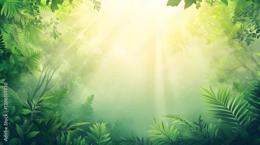 Obraz premium Lush greenery and soft light filter through the misty forest canopy